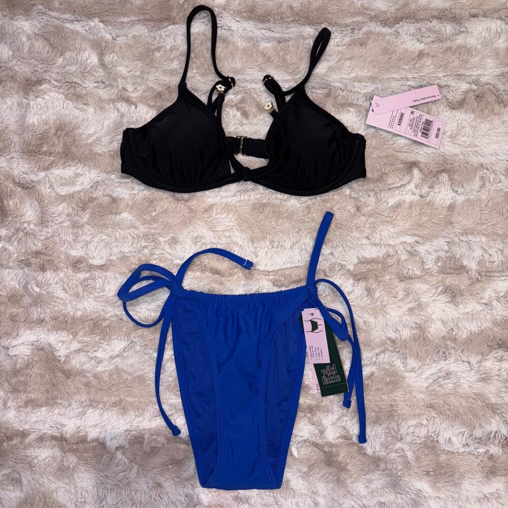 🖤 Wild Fable Bikini Set – XXS Black Top + XXS Blue Tie Bottom – Super Cheeky 🌸